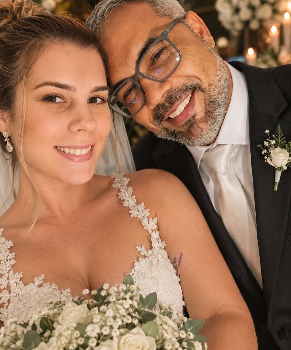 Leo e Camila sorrindo de rosto colado; ela de vestido de renda e buquê branco, ele de terno escuro e gravata clara.